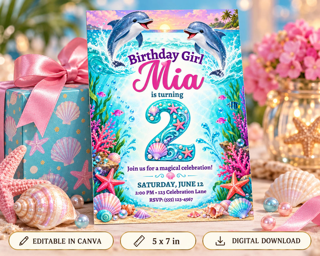 A birthday invitation for a girl named Mia, featuring a mermaid theme with dolphins and seashells. The invitation is surrounded by seashells, starfish, and a gift box, creating a beach-themed atmosphere.