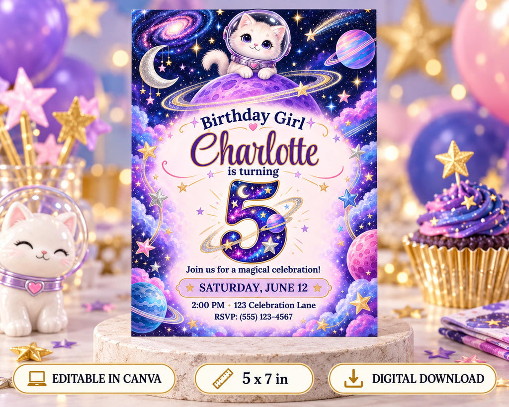 A birthday party invitation for a girl named Charlotte turning 5 years old, featuring a space theme with planets, stars, and a cat astronaut. The invitation is surrounded by balloons and a cupcake, creating a festive atmosphere.
