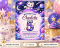 A birthday party invitation for a girl named Charlotte turning 5 years old, featuring a space theme with planets, stars, and a cat astronaut. The invitation is surrounded by balloons and a cupcake, creating a festive atmosphere.