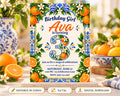 The image is a birthday invitation for a girl named Ava, who is turning 3 years old. The invitation features a vibrant design with oranges and flowers, and includes details about the party, such as the date, time, location, and RSVP information.
