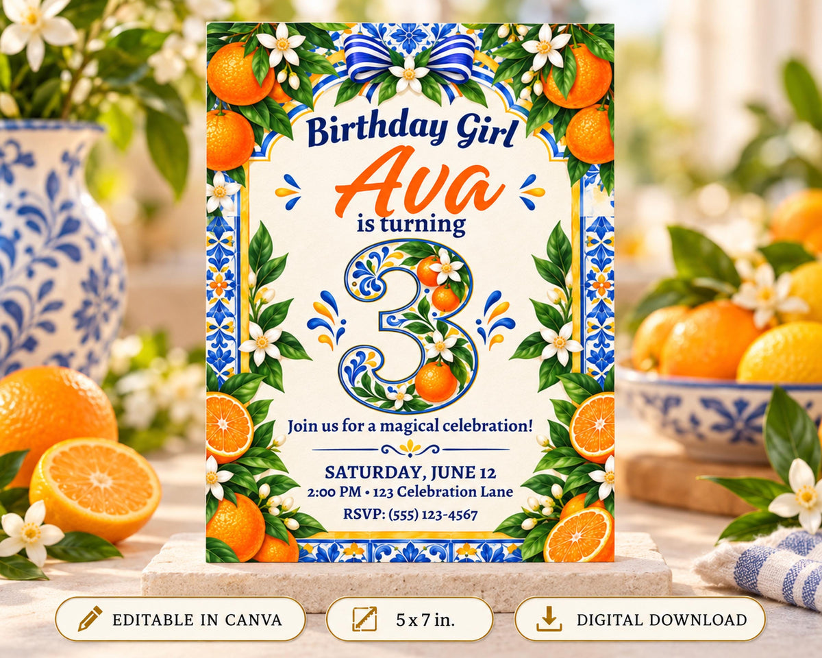 The image is a birthday invitation for a girl named Ava, who is turning 3 years old. The invitation features a vibrant design with oranges and flowers, and includes details about the party, such as the date, time, location, and RSVP information.