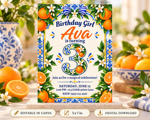 The image is a birthday invitation for a girl named Ava, who is turning 3 years old. The invitation features a vibrant design with oranges and flowers, and includes details about the party, such as the date, time, location, and RSVP information.