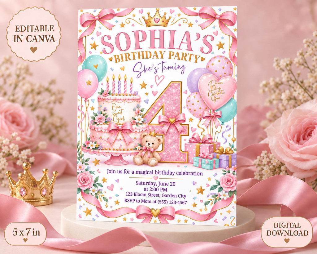 The image is a birthday party invitation for a girl named Sophia, featuring a pink and white color scheme with various decorations such as balloons, a cake, and a crown.