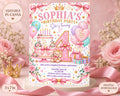 The image is a birthday party invitation for a girl named Sophia, featuring a pink and white color scheme with various decorations such as balloons, a cake, and a crown.