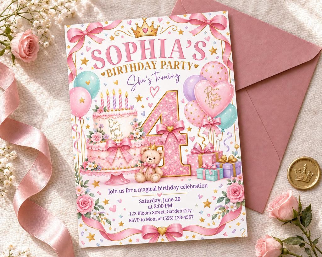 The image is a birthday party invitation for a girl named Sophia's 4th birthday party. The invitation features a pink and white color scheme with various decorations such as balloons, a cake, and a teddy bear. The text on the invitation reads "Sophia's Birthday Party She's Turning 4" and provides details about the event, including the date, time, location, and RSVP information.