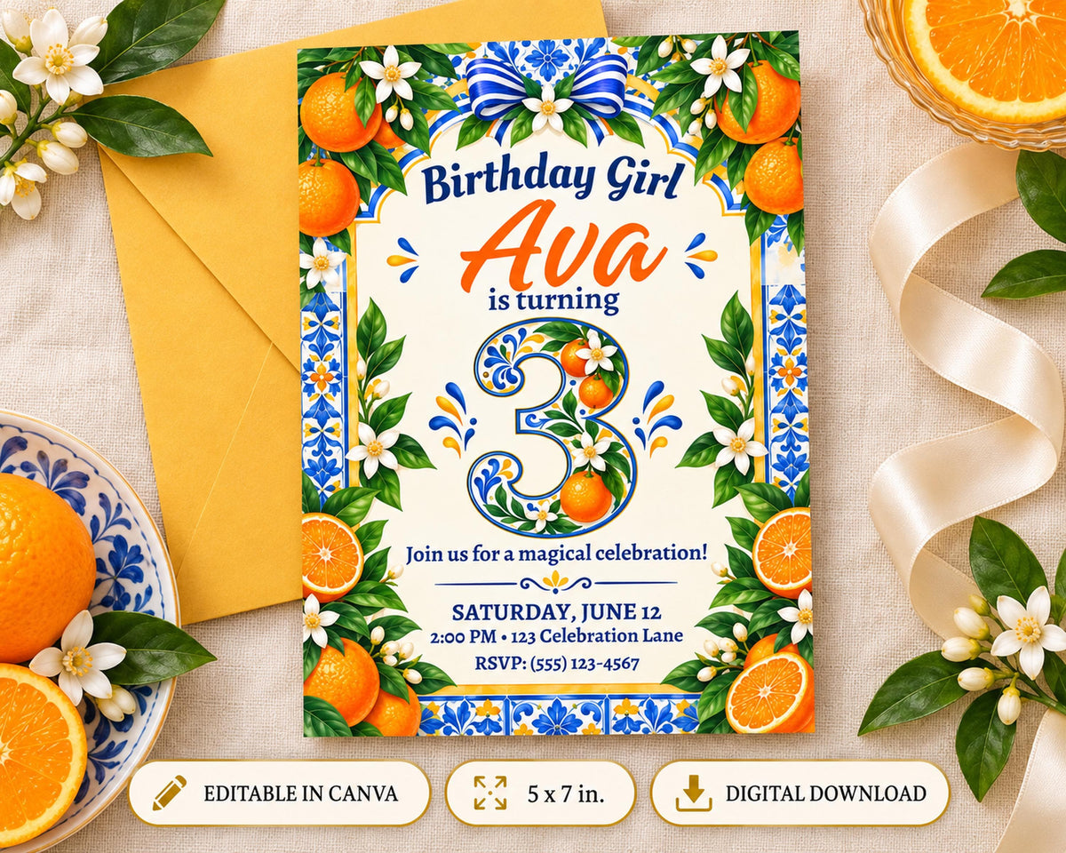 The image is a birthday invitation for a girl named Ava, featuring a colorful design with oranges, flowers, and the number 3. The invitation is surrounded by various objects such as a bowl of oranges, a plate of oranges, and a ribbon.