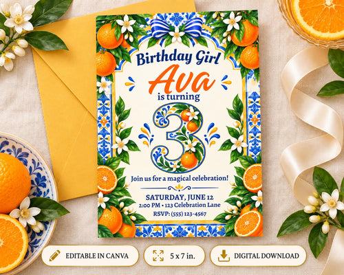 The image is a birthday invitation for a girl named Ava, featuring a colorful design with oranges, flowers, and the number 3. The invitation is surrounded by various objects such as a bowl of oranges, a plate of oranges, and a ribbon.