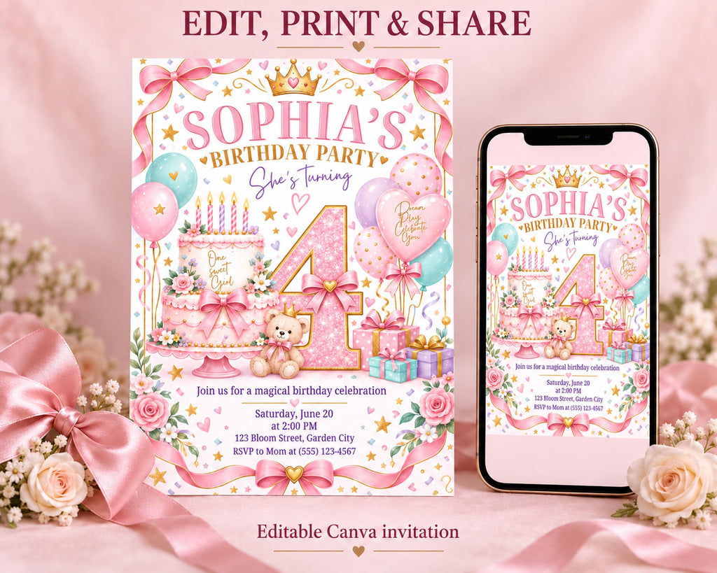 The image is a birthday party invitation for a girl named Sophia, featuring a pink and white color scheme with a teddy bear, balloons, and a cake. The invitation is for a magical birthday celebration and includes details about the event, such as the date, time, location, and RSVP information.