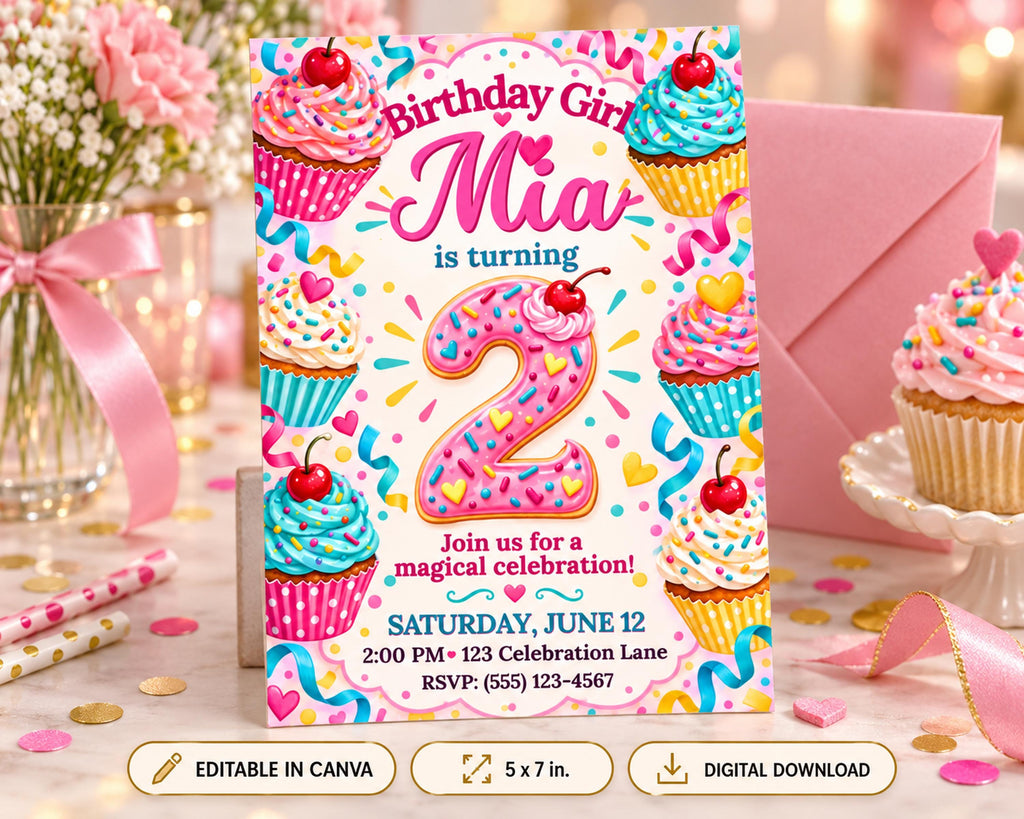 A colorful birthday invitation card for a girl's 2nd birthday party, featuring cupcakes, sprinkles, and a large number 2.