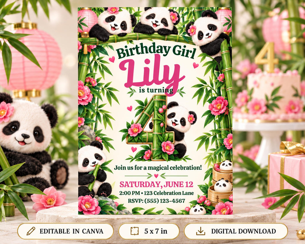 A birthday invitation featuring a panda theme, with the text "Birthday Girl Lily is turning 4" and details about a magical celebration.