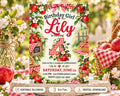 The image is a birthday invitation for a girl named Lily, featuring a garden theme with apples, flowers, and a picnic table.