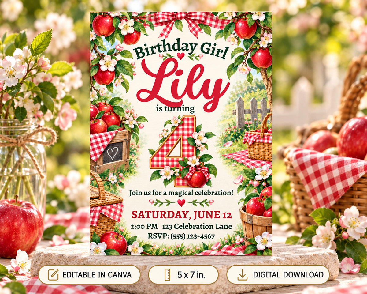 The image is a birthday invitation for a girl named Lily, featuring a garden theme with apples, flowers, and a picnic table.