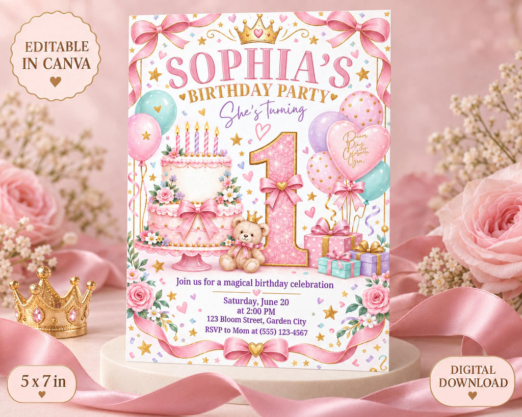 The image is a birthday party invitation for a girl named Sophia's 1st birthday party. The invitation features a pink and white color scheme with various decorations such as balloons, a teddy bear, and a cake. The text on the invitation includes "Sophia's 1st Birthday Party She's Turning", "Join us for a magical birthday celebration", and "Saturday, June 20 at 5:00 PM, 123 Blox Street, Garden City RSVP to Mom at (55) 123-4567". The invitation also includ