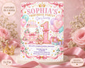 The image is a birthday party invitation for a girl named Sophia's 1st birthday party. The invitation features a pink and white color scheme with various decorations such as balloons, a teddy bear, and a cake. The text on the invitation includes "Sophia's 1st Birthday Party She's Turning", "Join us for a magical birthday celebration", and "Saturday, June 20 at 5:00 PM, 123 Blox Street, Garden City RSVP to Mom at (55) 123-4567". The invitation also includ
