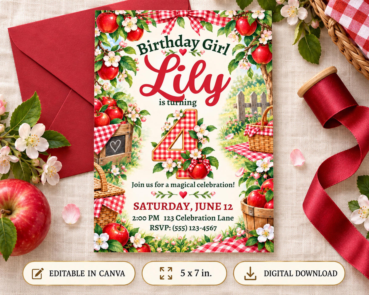 The image is a birthday invitation for a girl named Lily, featuring a garden theme with apples, flowers, and a basket.