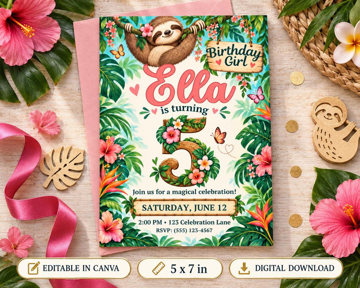 The image is a birthday invitation for a girl named Ella, featuring a tropical theme with a sloth, flowers, and leaves. The invitation is pink and has a pink ribbon on the left side.