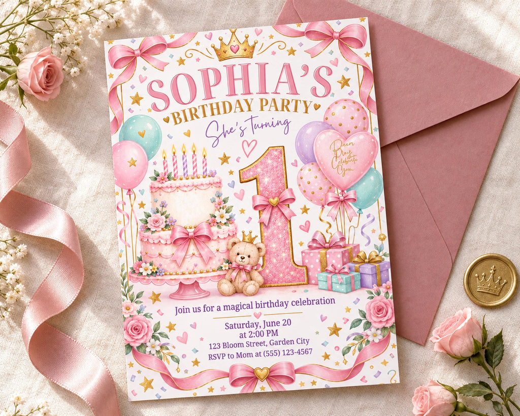 The image is a birthday party invitation for a girl named Sophia's 1st birthday party. The invitation features a pink and white color scheme with various decorations such as balloons, a teddy bear, and a cake. The text on the invitation includes the names of the birthday girl and the event details, inviting guests to a magical birthday celebration on Saturday, June 20th at 2:00 PM at 123 Bloom Street, Garden City.