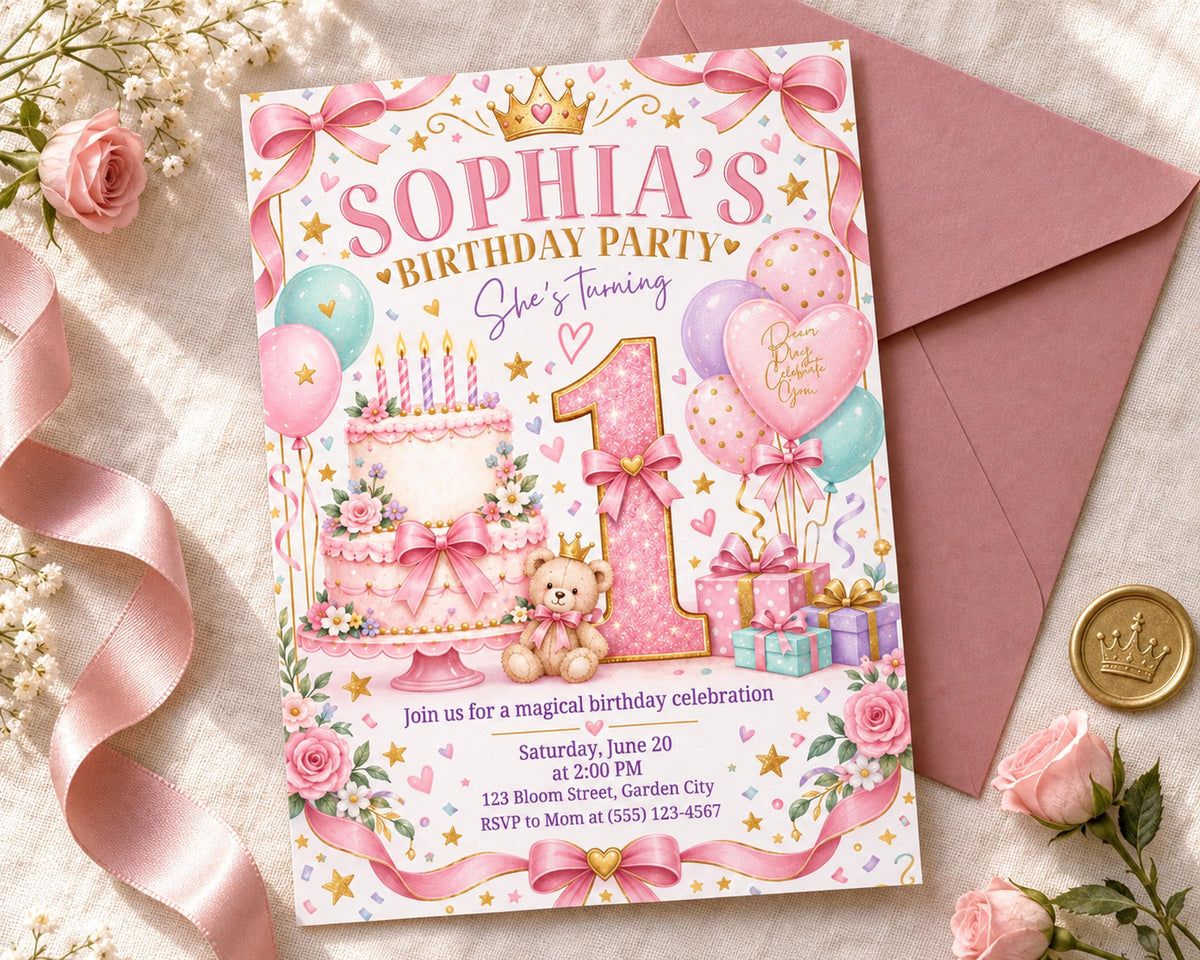 The image is a birthday party invitation for a girl named Sophia's 1st birthday party. The invitation features a pink and white color scheme with various decorations such as balloons, a teddy bear, and a cake. The text on the invitation includes the names of the birthday girl and the event details, inviting guests to a magical birthday celebration on Saturday, June 20th at 2:00 PM at 123 Bloom Street, Garden City.