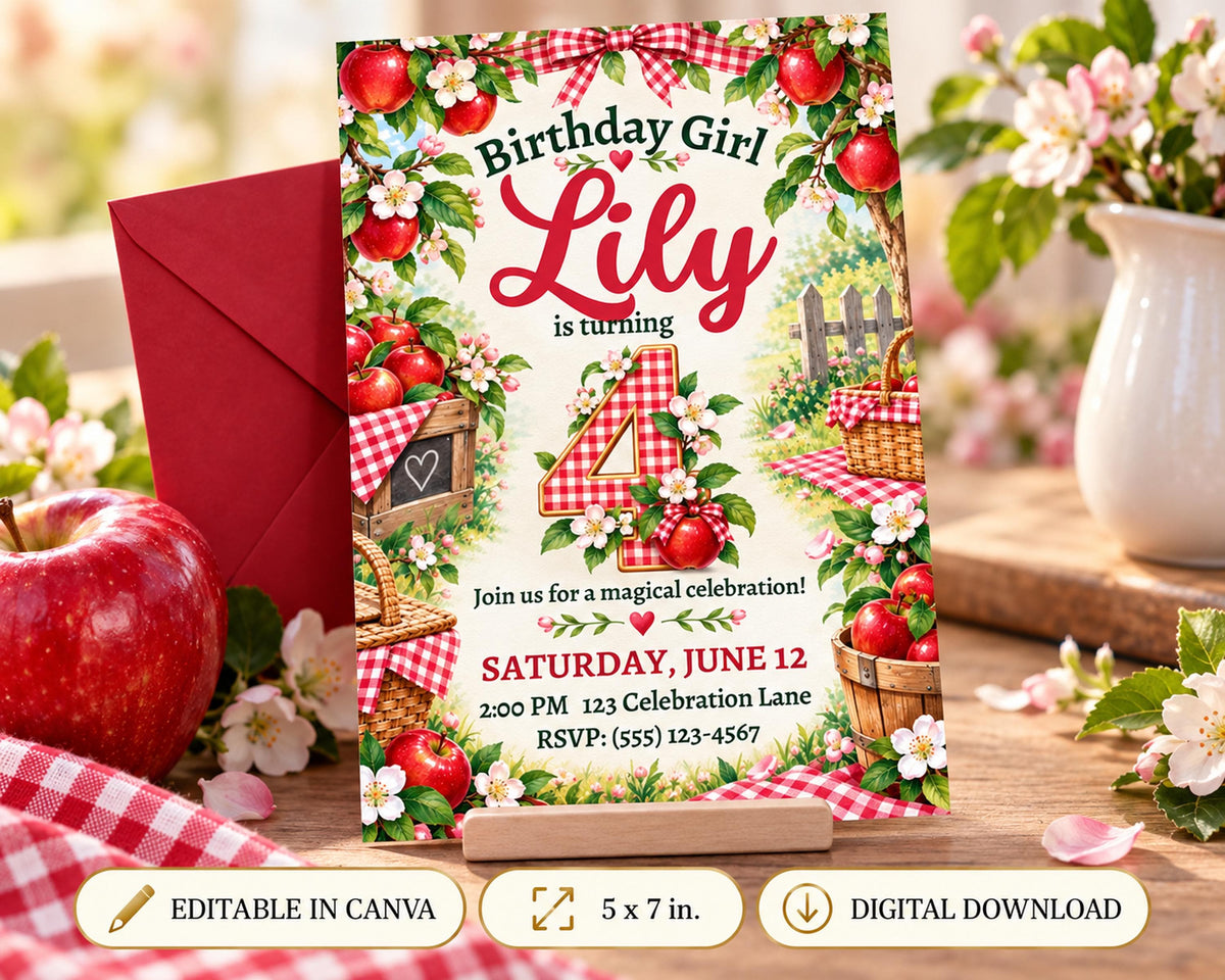 A birthday invitation for a girl named Lily, featuring a garden theme with apples, flowers, and a wooden fence.