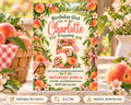 The image is a birthday invitation for a girl named Charlotte, featuring a garden theme with various fruits and flowers surrounding the text.