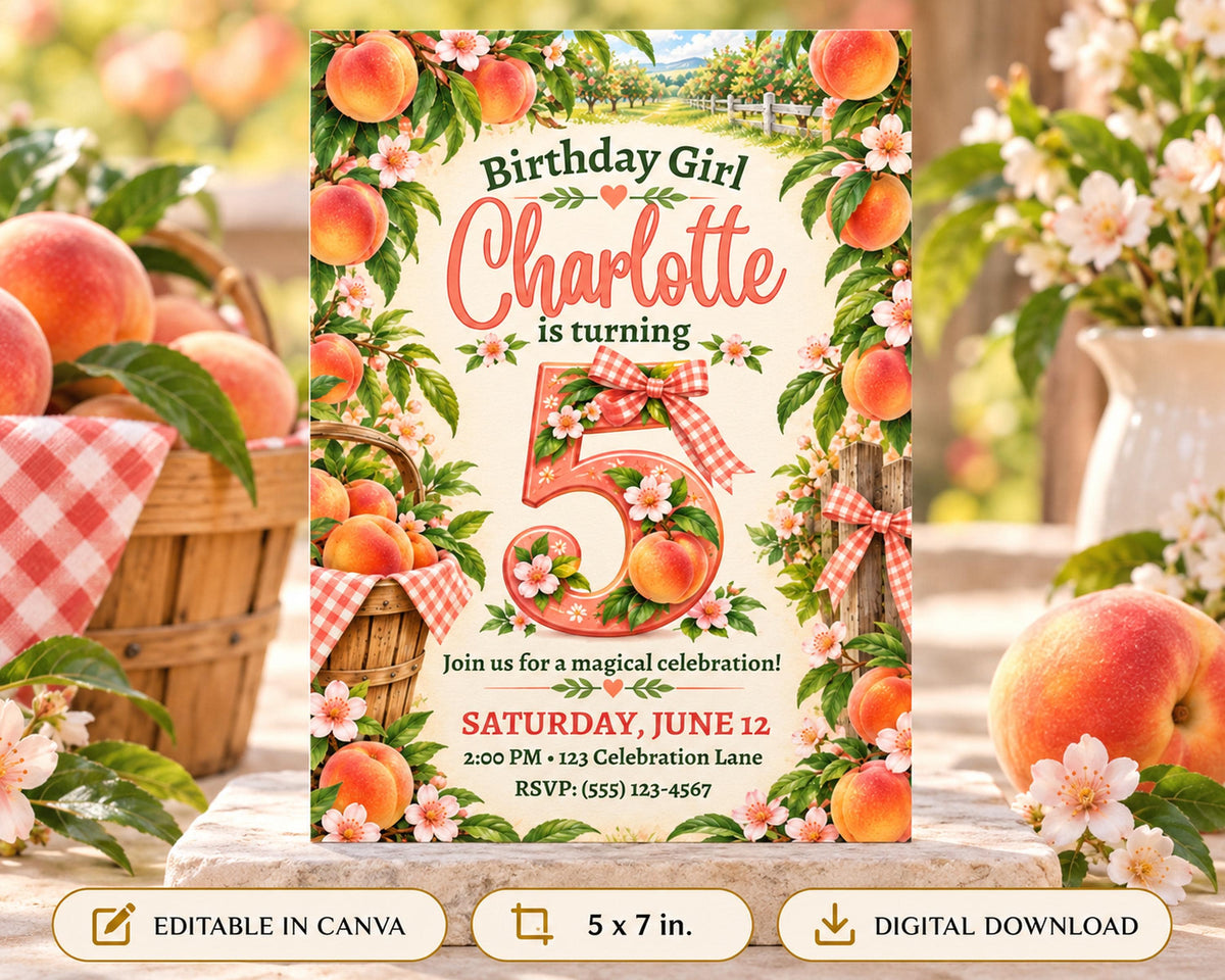 The image is a birthday invitation for a girl named Charlotte, featuring a garden theme with various fruits and flowers surrounding the text.