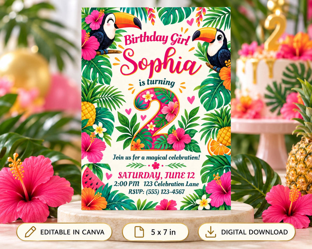 The image is a birthday invitation for a girl named Sophia, featuring a tropical theme with colorful flowers, leaves, and a toucan.