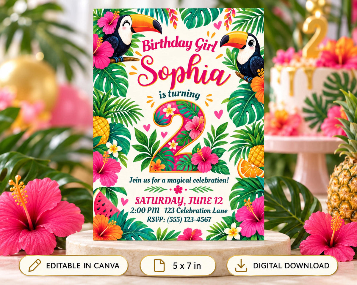 The image is a birthday invitation for a girl named Sophia, featuring a tropical theme with colorful flowers, leaves, and a toucan.