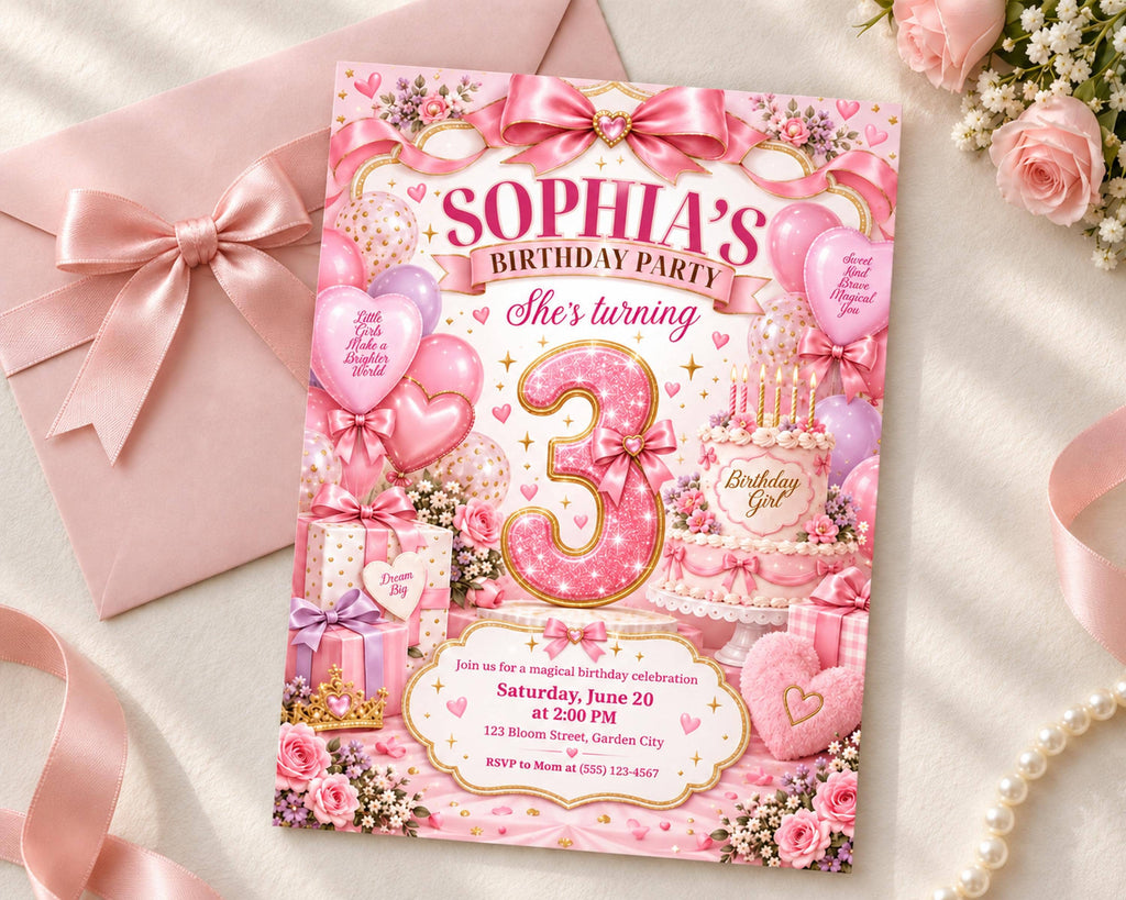 The image is a birthday party invitation for a girl turning three, featuring a pink and white color scheme with various decorations such as balloons, hearts, and a cake.