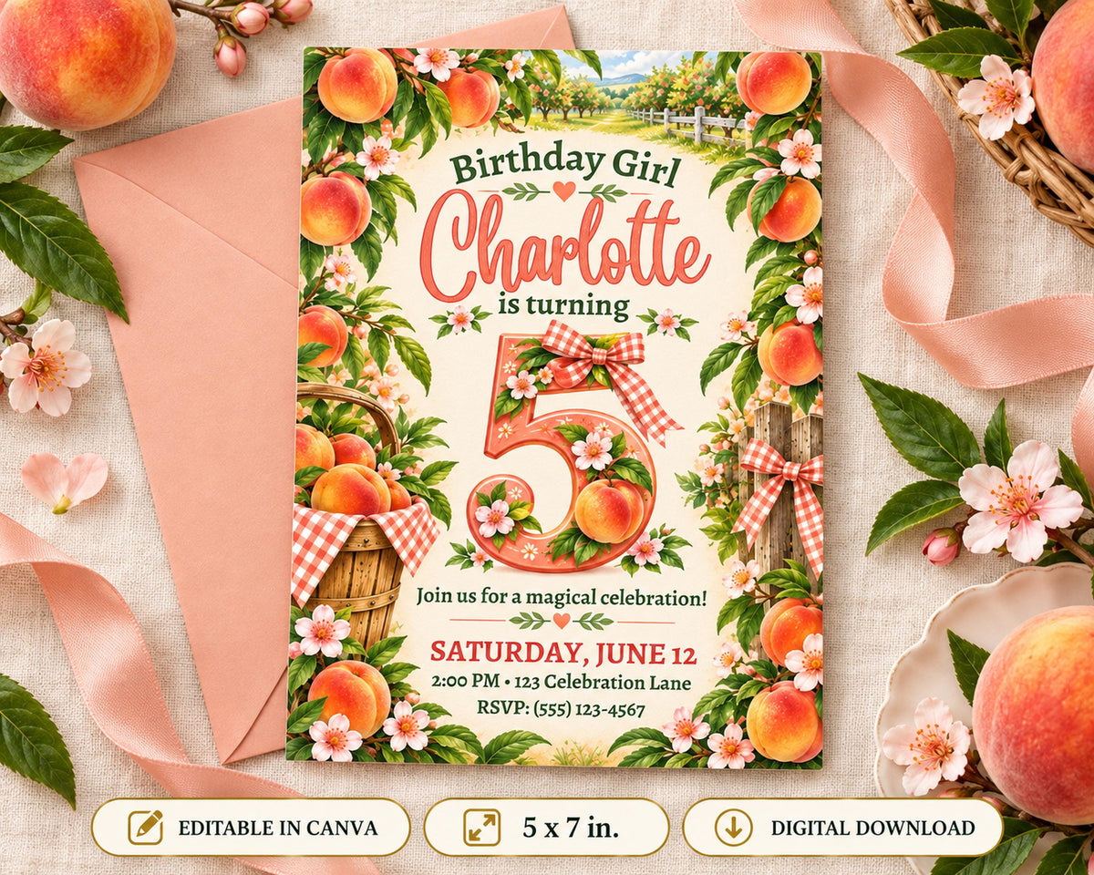 A peach-themed birthday party invitation for a girl named Charlotte, which includes a pink envelope, flowers, and peaches.