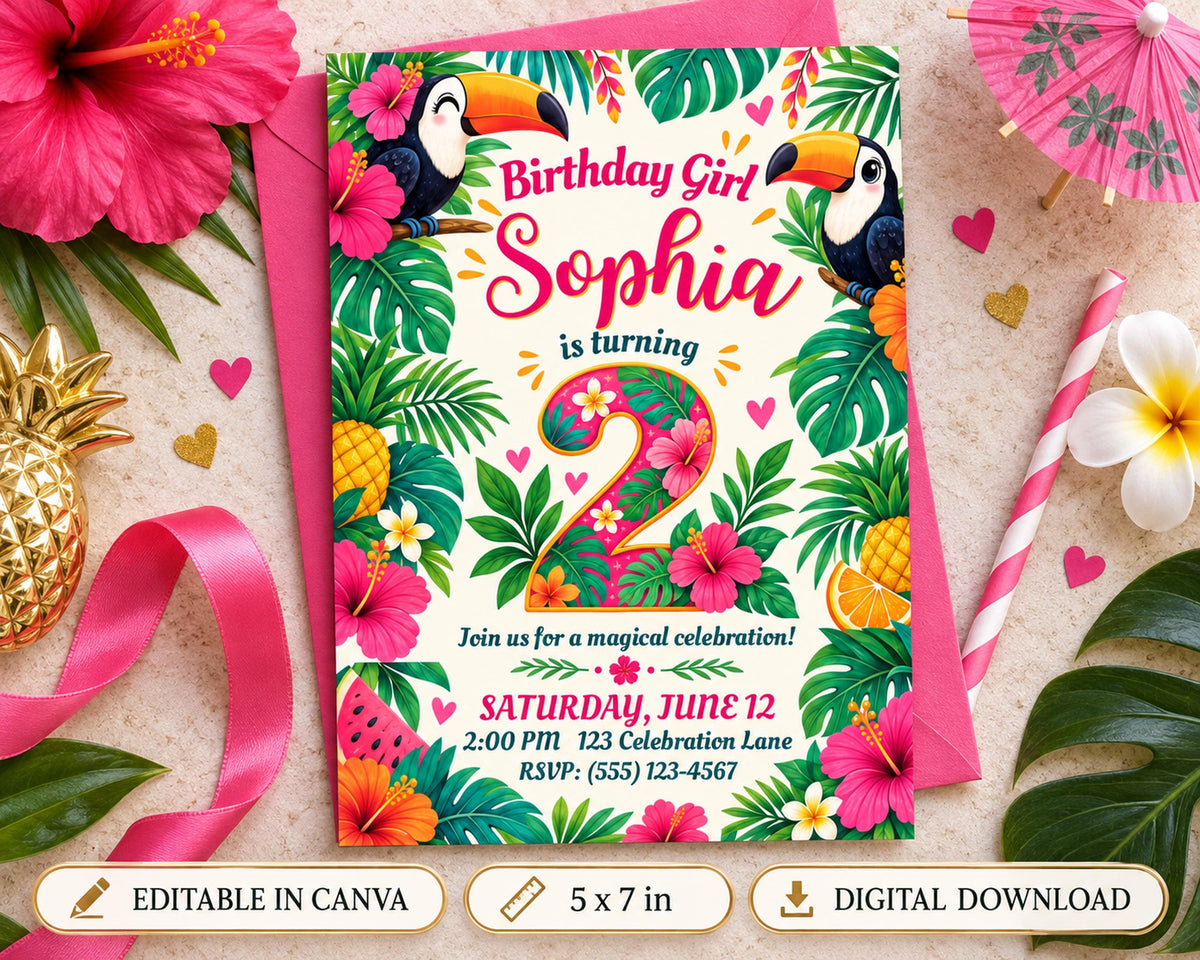 The image is a birthday invitation for a girl named Sophia, featuring a tropical theme with a toucan, flowers, and palm leaves.