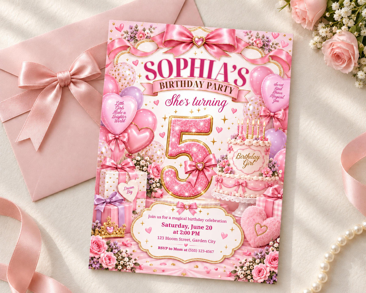 The image is a birthday party invitation for a girl named Sophia, featuring a pink and white color scheme with various decorations such as balloons, cakes, and ribbons.