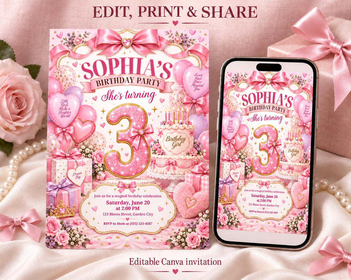 The image is a birthday party invitation for a girl named Sophia, featuring a pink and white color scheme with various decorative elements such as hearts, balloons, and a cake.