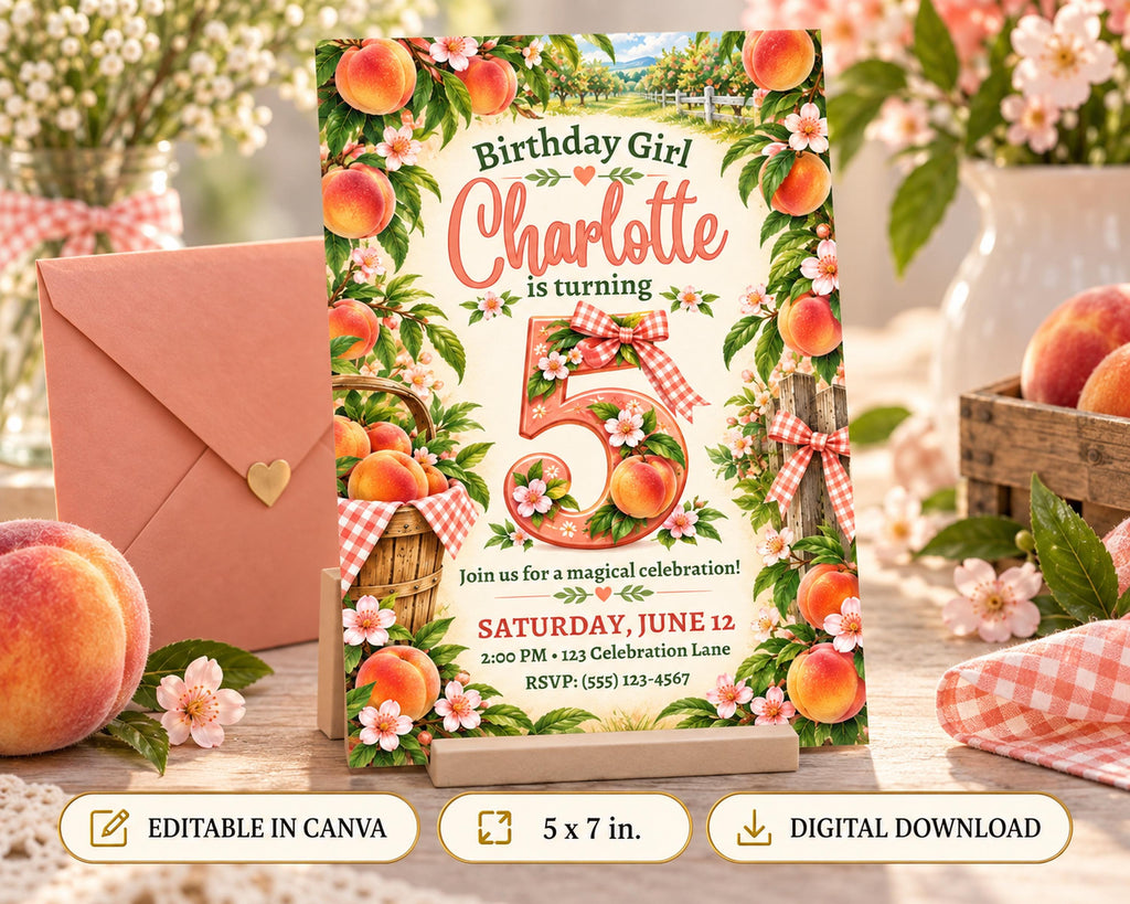 A birthday invitation for a girl named Charlotte, featuring a peach and flower design, with details about a magical celebration on Saturday, June 12th at the Celebration Lane.