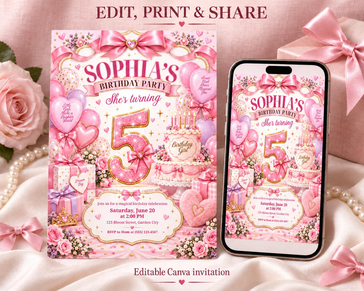 The image is a birthday party invitation for a girl named Sophia, featuring pink and white colors, hearts, and balloons.