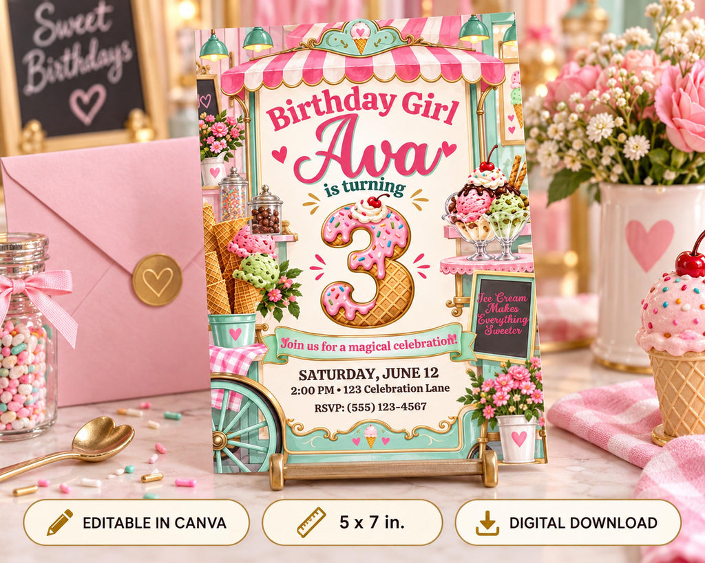 The image is a birthday invitation for a girl named Ava, who is turning 3 years old. The invitation features a whimsical design with ice cream cones, flowers, and a pink and white striped awning. The background is decorated with pink and white flowers, and the invitation is placed on a table surrounded by various party decorations and sweets.