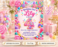 A birthday party invitation for a girl named Lily, celebrating her 4th birthday. The invitation features a colorful and whimsical design with candy and sweets surrounding the number 4.