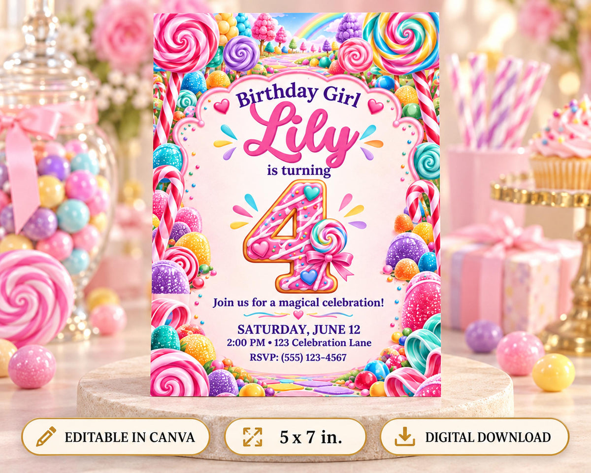 A birthday party invitation for a girl named Lily, celebrating her 4th birthday. The invitation features a colorful and whimsical design with candy and sweets surrounding the number 4.