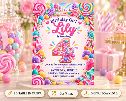 A birthday party invitation for a girl named Lily, celebrating her 4th birthday. The invitation features a colorful and whimsical design with candy and sweets surrounding the number 4.