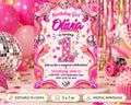 A birthday party invitation for a girl named Olivia, featuring a pink and purple color scheme with disco balls, stars, and roller skates. The invitation is for a magical celebration on Saturday, June 12th at 2:00 PM at the Celebration Lane, located at 125 Celebration Lane, Rippin, (125) 123-4567.