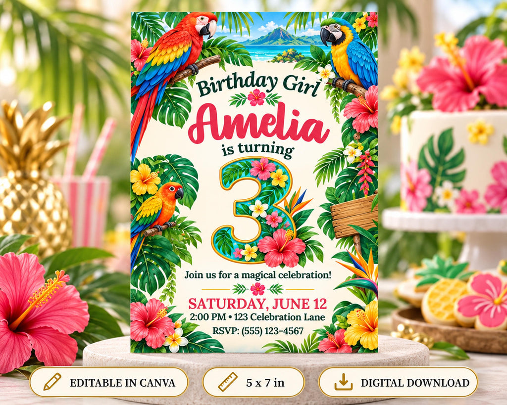 The image is a birthday invitation for a girl named Amelia, featuring a tropical theme with colorful birds, flowers, and palm leaves.