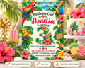 The image is a birthday invitation for a girl named Amelia, featuring a tropical theme with colorful birds, flowers, and palm leaves.