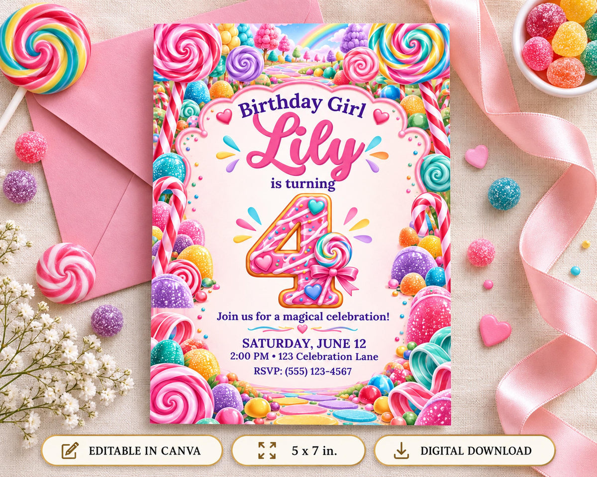 The image is a birthday invitation for a girl named Lily, celebrating her 4th birthday. The invitation features a colorful and whimsical design with candy and sweets, and includes details about the party, such as the date, time, and RSVP information.