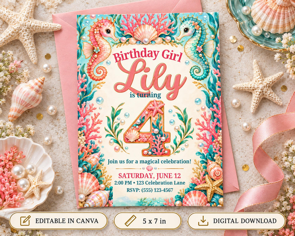 The image is a birthday invitation for a girl named Lily, featuring a colorful underwater theme with seahorses, shells, and coral.
