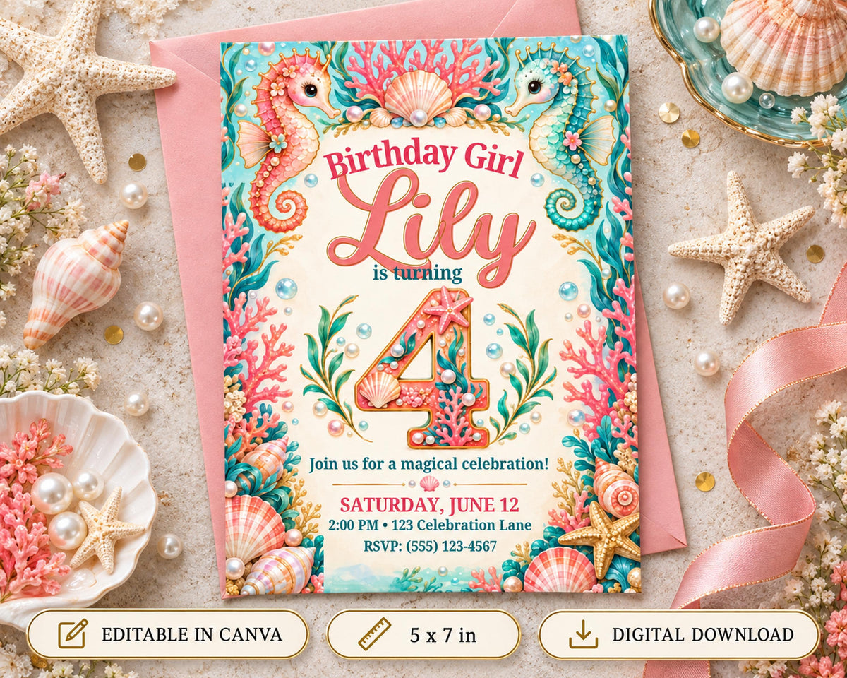 The image is a birthday invitation for a girl named Lily, featuring a colorful underwater theme with seahorses, shells, and coral.