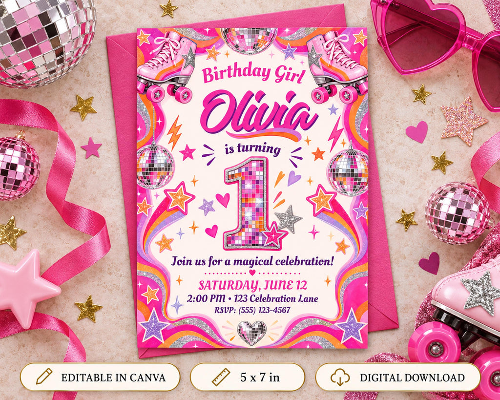 The image is a birthday party invitation for a girl named Olivia, featuring a vibrant and colorful design with disco balls, stars, and a number one. The invitation is surrounded by various party decorations and accessories, such as rollerblades, sunglasses, and glittery stars, creating a festive and celebratory atmosphere.