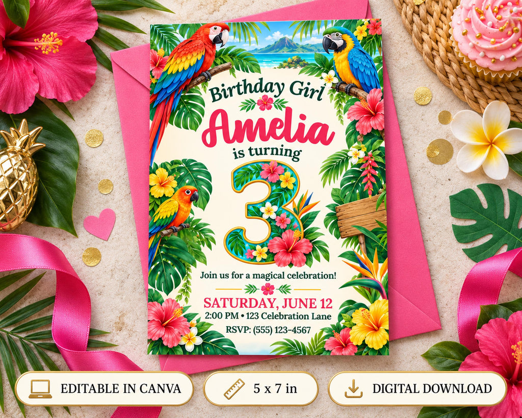A colorful birthday invitation for a girl named Amelia, featuring tropical flowers, birds, and palm leaves.