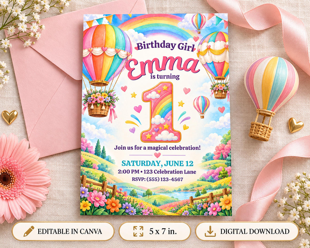 The image is a birthday invitation for a girl named Emma, featuring a whimsical and colorful design with hot air balloons, flowers, and a rainbow.