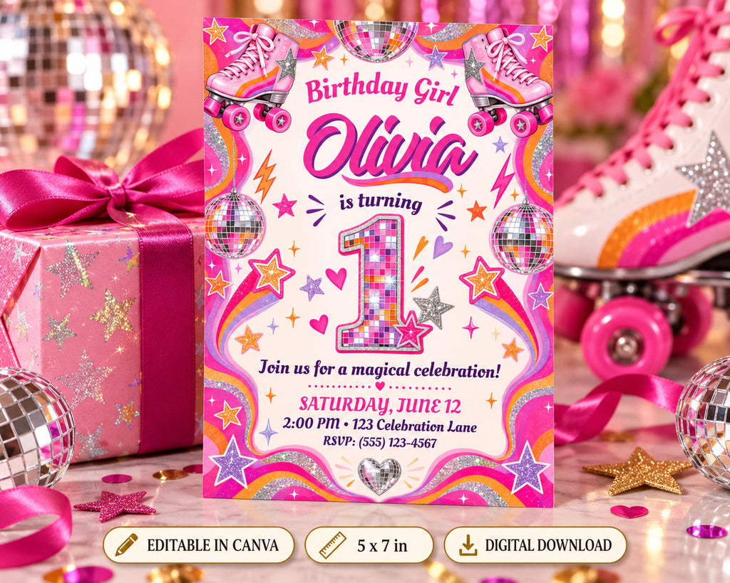 A colorful birthday invitation for a girl named Olivia, featuring a roller derby theme with stars, hearts, and a number one.