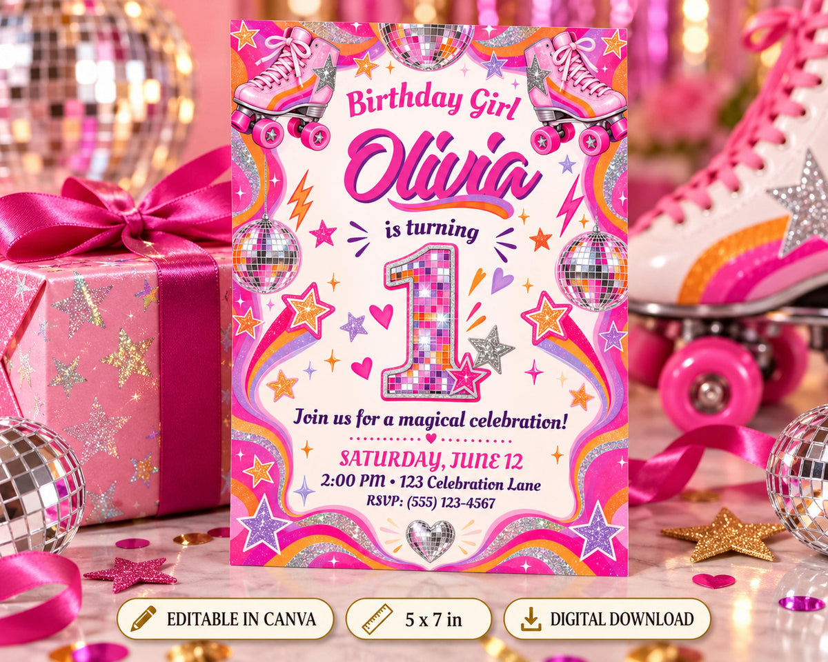 A colorful birthday invitation for a girl named Olivia, featuring a roller derby theme with stars, hearts, and a number one.