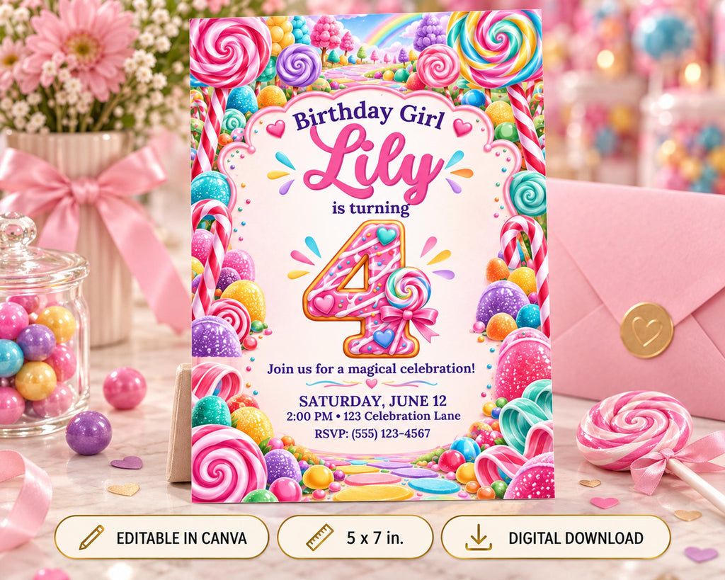A birthday invitation for a girl named Lily, featuring a colorful and whimsical design with candy and sweets.